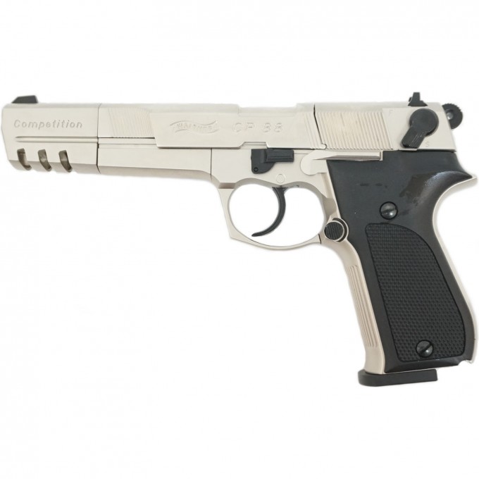 Пистолет пневматический UMAREX WALTHER CP 88 COMPETITION удлиненный ствол, никель с чёрными пластиковыми накладками 416.00.43